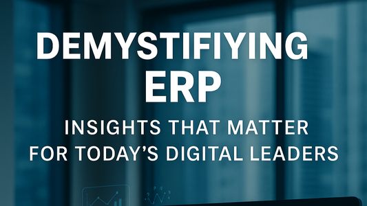 A modern office with a large desktop monitor displaying ERP dashboards and holographic analytics, with text 'DEMYSTIFYING ERP – INSIGHTS THAT MATTER FOR TODAY'S DIGITAL LEADERS' overlaid on a cityscape background.