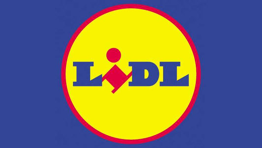 Blue background with yellow circle with LIDL text in the centre 